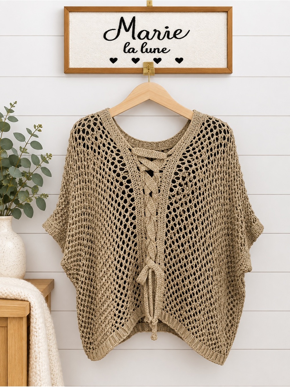MARIE LA LUNE | Open-Knit Lace-Up Poncho Sweater | One Size Oversized